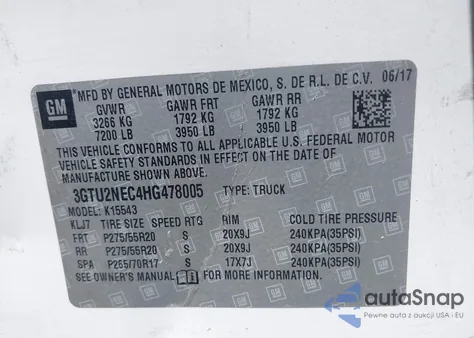 2017 GMC Sierra Slt z USA, uszkodzony, nr VIN 3GTU2NEC4HG478005